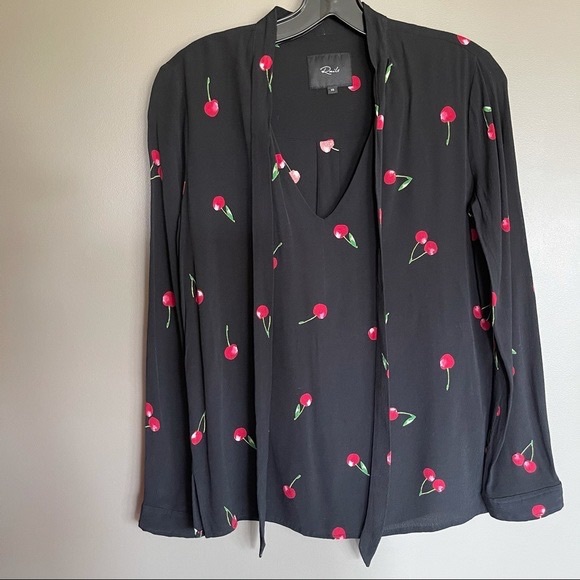 Rails Rhea Cerise Tie Neck Cherry Print Blouse Size M - Picture 5 of 9
